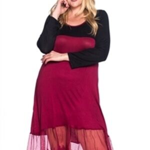 Celeste Women’s 2X Ruffle Lace Hem 3/4 Sleeve Colorblock Wine Maxi Stretch Dress